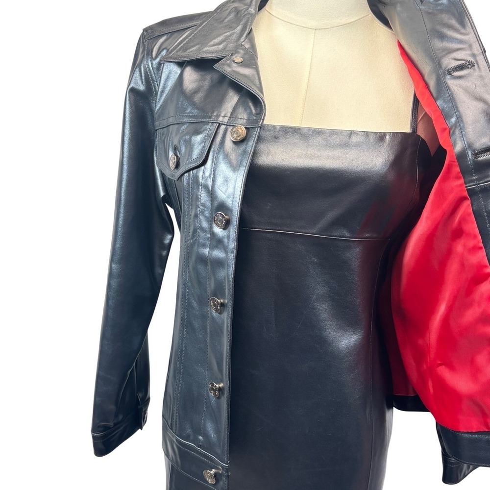 VTG Ralph Lauren Leather Jacket Dress Set Black 90s Moto Biker Cyber Sz 8 Small - Picture 4 of 16